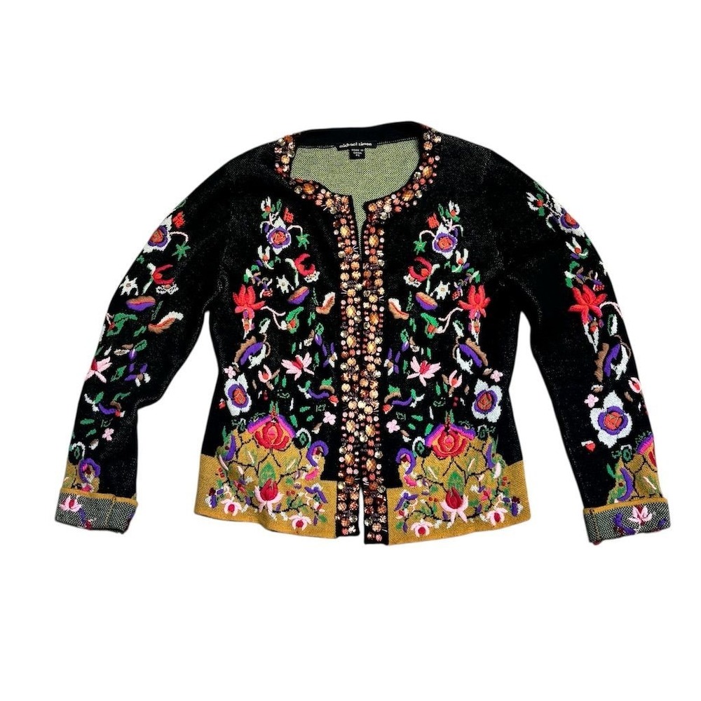 Michael Simon‎ Women's Petite Floral Beaded Cardigan Sweater S Multicolor